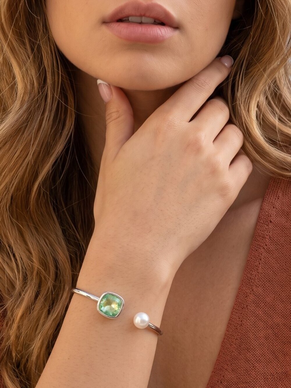 Green Crystal and Faux Pearl Open Cuff Bracelet Set 18K White Gold Plated 2.2"